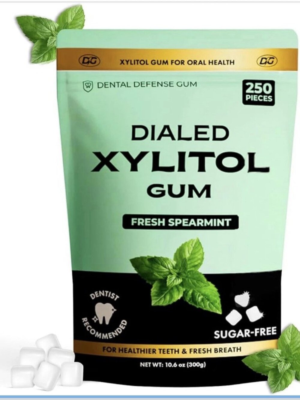 Dialed Xylitol Spearmint Gum Natural Sugar-Free, 250 Pieces Oral, Dental Health